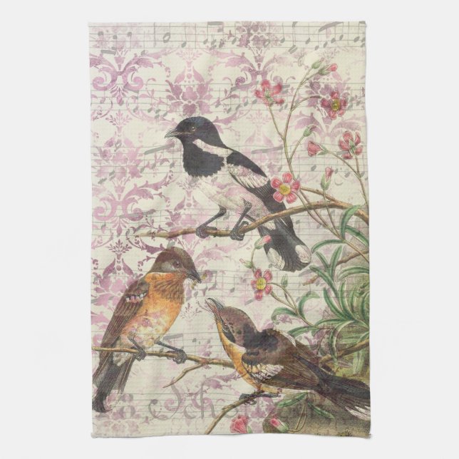 Vintage Bird Ephemera Decoupage Tea Towel (Vertical)