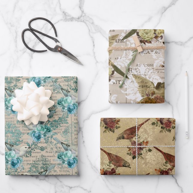 Vintage Bird Ephemera Wrapping Paper Sheet (Front)