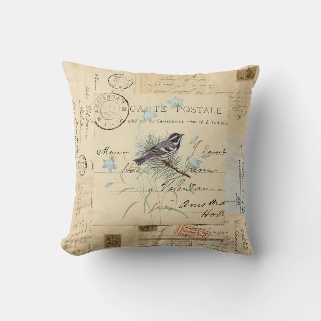 Vintage Bird Flowers French Postcard Pillow (Front)