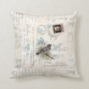 Vintage Bird Flowers Italian Postcard Pillow