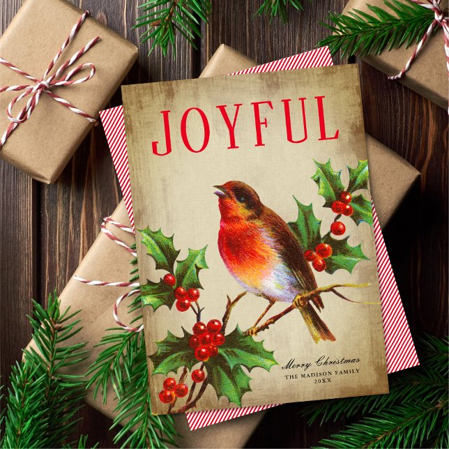 Vintage Bird + Holly Leaves Non-Photo Holiday Card (Creator Uploaded)