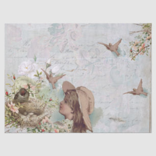Vintage Bird Nest Girl French Script Decoupage  Ti Tissue Paper
