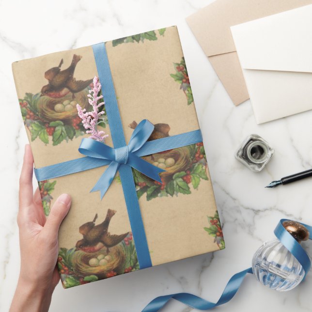 Vintage bird nest holly berry Christmas Wrapping Paper (Gifting)
