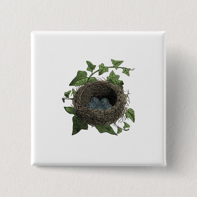 Vintage Bird Nest illustration 2 Inch Square Button (Front)