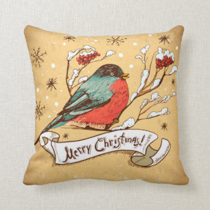 Vintage Bird on Snow Clad Branch Merry Christmas Throw Pillow