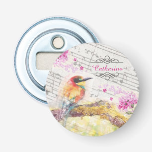 Vintage bird on tree pink flowers decoupage bottle opener