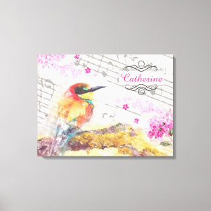 Vintage bird on tree pink flowers decoupage  canvas print