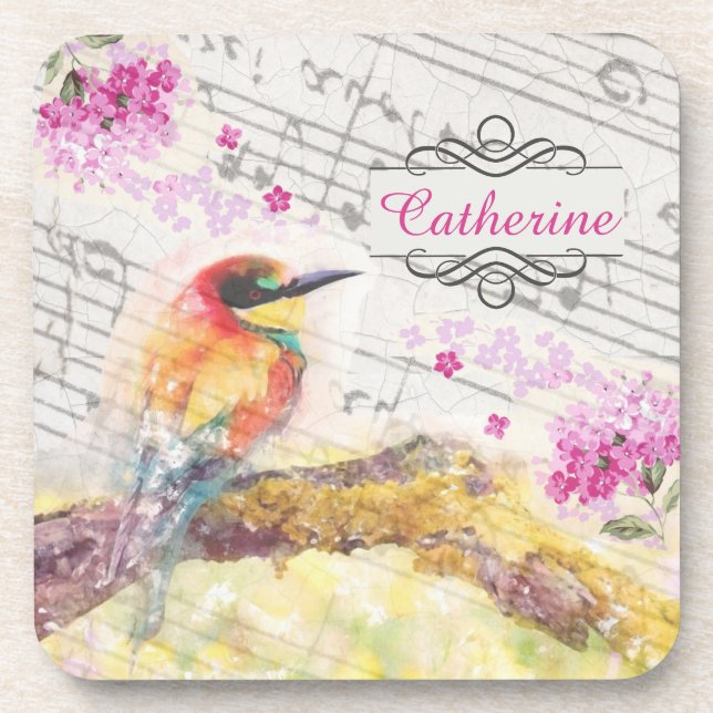Vintage bird on tree pink flowers decoupage  coaster (Front)