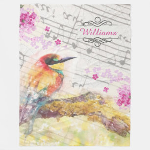 Vintage bird on tree pink flowers decoupage  fleece blanket