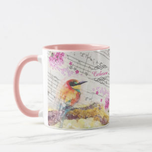 Vintage bird on tree pink flowers decoupage mug
