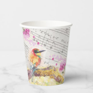 Vintage bird on tree pink flowers decoupage paper cups