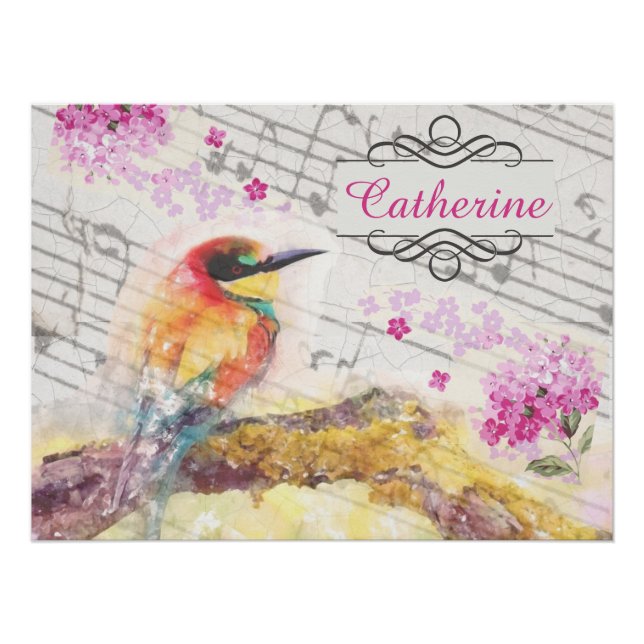 Vintage bird on tree pink flowers decoupage   poster (Front)