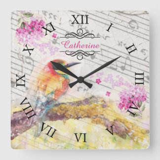 Vintage bird on tree pink flowers decoupage square wall clock