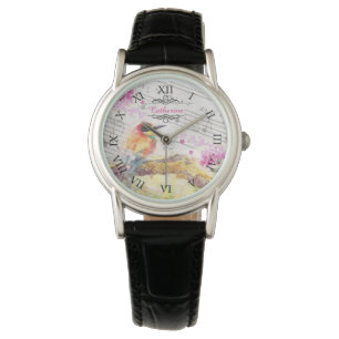 Vintage bird on tree pink flowers decoupage  watch