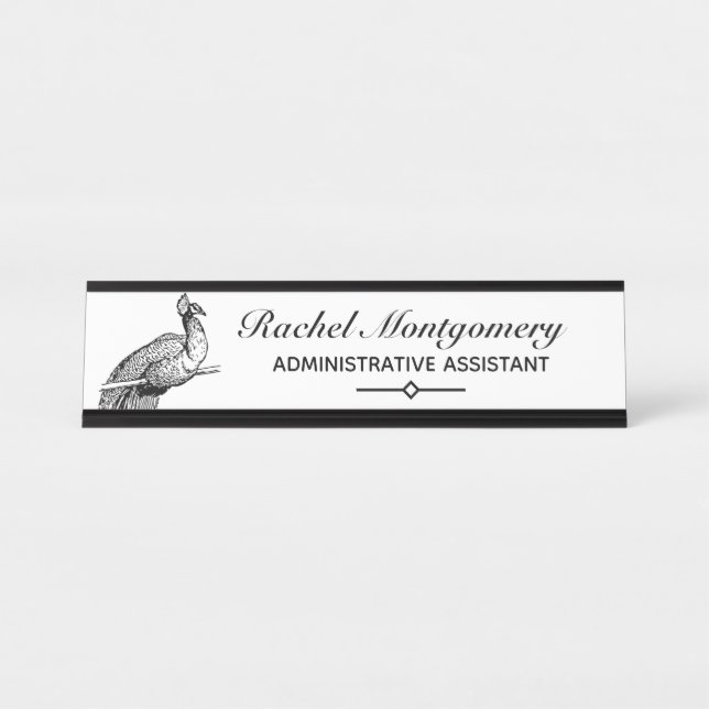 Vintage Bird Peacock Illustration | Personalized Desk Name Plate (Front)