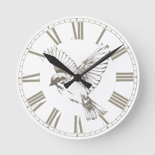 Vintage Bird Roman Numerals Sepia  Round Clock (Front)