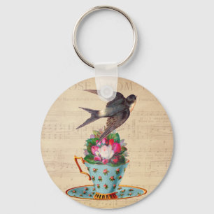 Vintage Bird, Roses, and Teacup Keychain