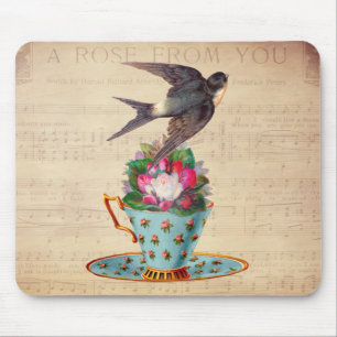 Vintage Bird, Roses, and Teacup Mouse Pad