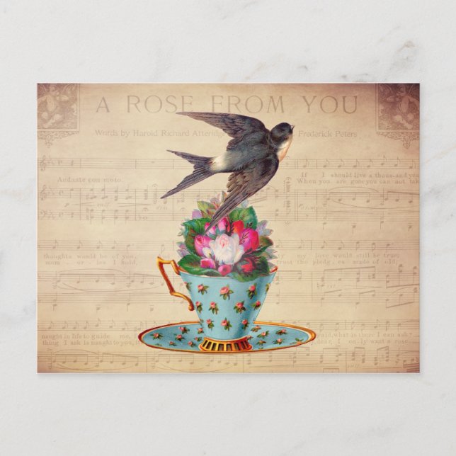 Vintage Bird, Roses, and Teacup Postcard (Front)