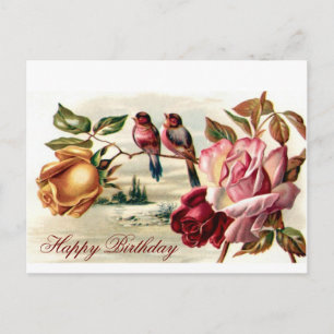 Vintage Bird Roses Birthday Postcard
