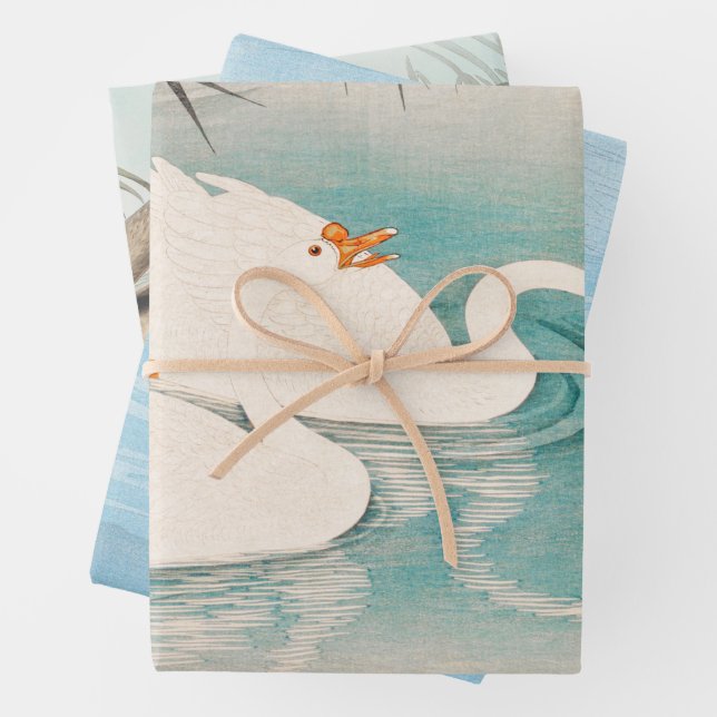 Vintage bird swan art wrapping paper sheet (In situ)