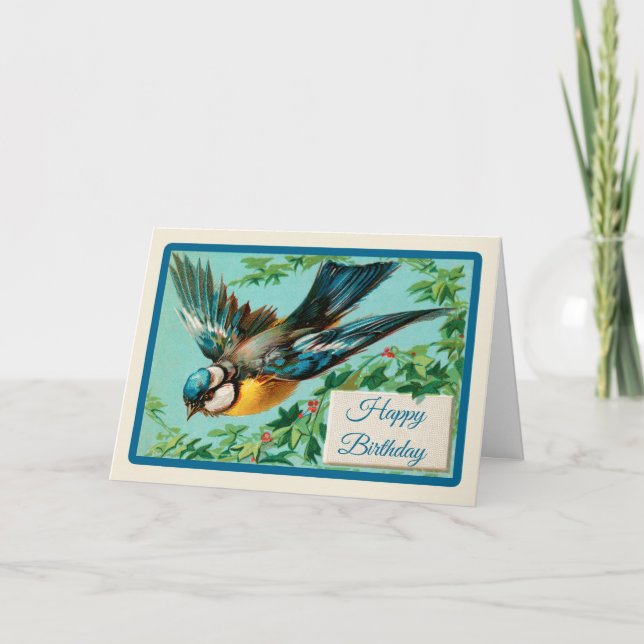 Vintage Bird with Floral Flowers Birthday Card (Front)