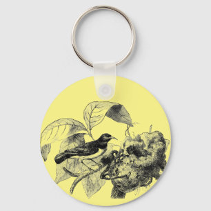 vintage bird with nest tree art illustration keychain