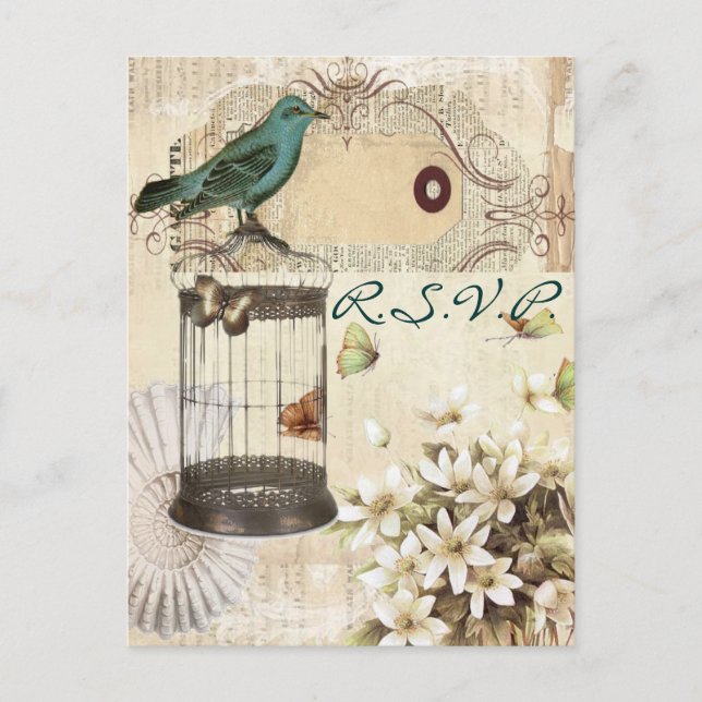 vintage birdcage botanical wedding response RSVP Invitation Postcard (Front)