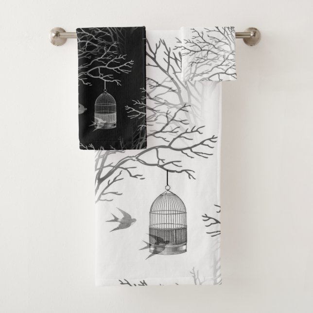 Vintage Birdcage Branch Swallows BW Towel Set (Insitu)