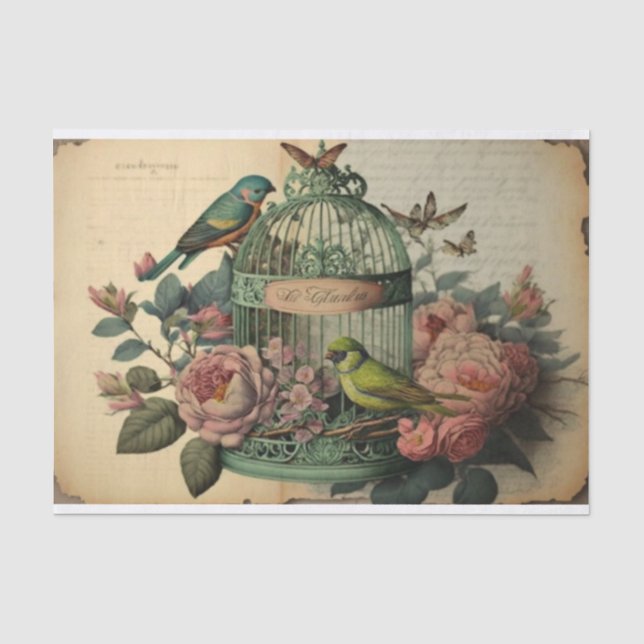 vintage birdcage butterfly bird flower decupage tissue paper (Front)