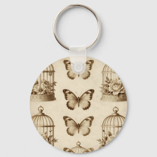 Vintage Birdcage Butterfly Rose Sepia Pattern Keychain