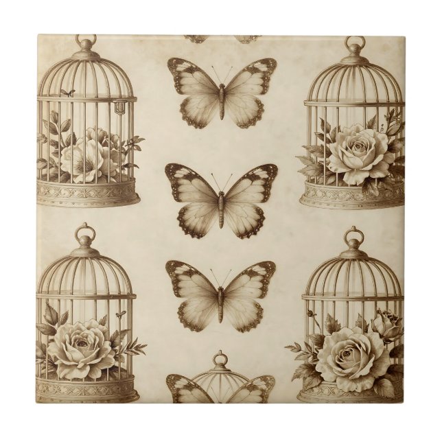 Vintage Birdcage Butterfly Rose Sepia Pattern Tile (Front)