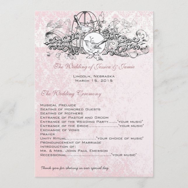 Vintage Birdcage Musical Scroll Wedding Menu (Front)