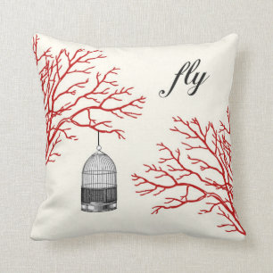 Vintage Birdcage Red Branches "fly" Pillow