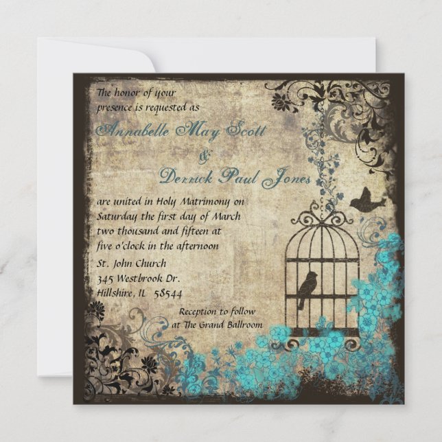 Vintage Birdcage Wedding Invitation Blue (Front)
