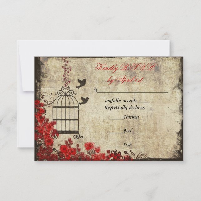 Vintage Birdcage Wedding RSVP Red Card (Front)