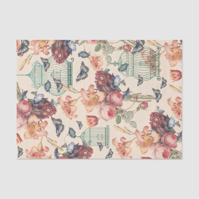 Vintage Birdcages, Butterflies & Floral Decoupage Tissue Paper (Front)