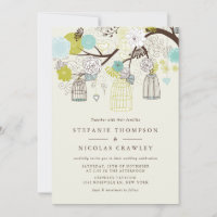 VINTAGE BIRDCAGES FLORAL SPRING WEDDING INVITATION