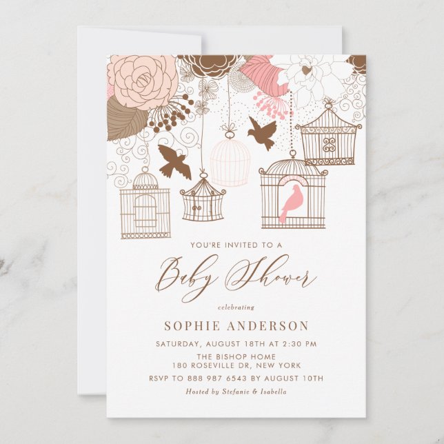 Vintage Birdcages & Flowers Baby Shower Invitation (Front)