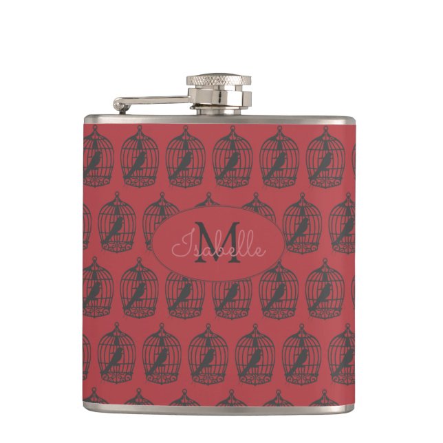 Vintage Birdcages on Red Personalised Hip Flask (Front)