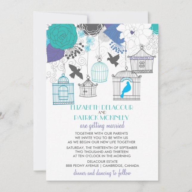 Vintage Birdcages Spring Floral Wedding Invitation (Front)