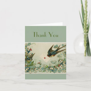 Vintage Birds and Flowers Dark Green Thank You Card