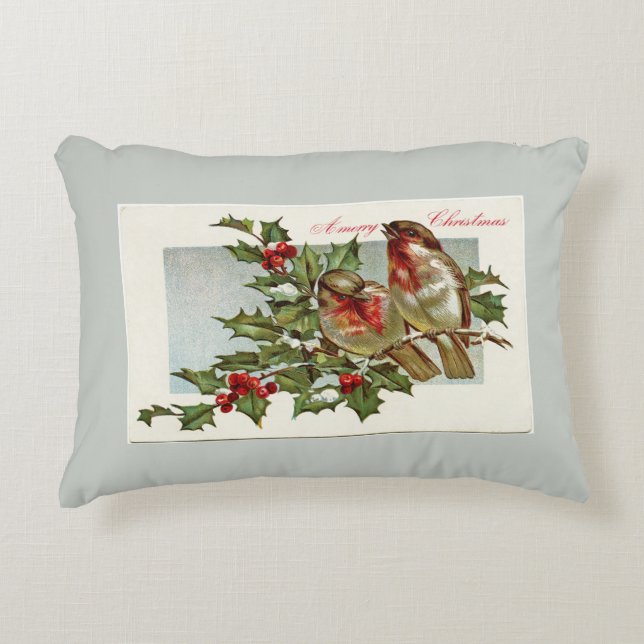 Vintage Birds and Holly Grey Christmas Accent Pillow (Front)