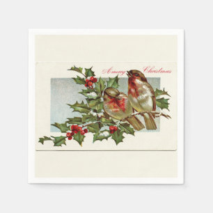 Vintage Birds and Holly Light Yellow Christmas Napkin