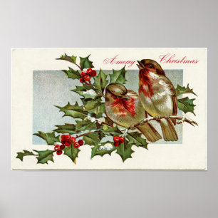 Vintage Birds and Holly Poster