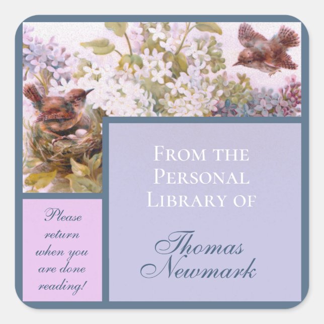 Vintage Birds and Lilacs Custom Bookplate Square Sticker (Front)