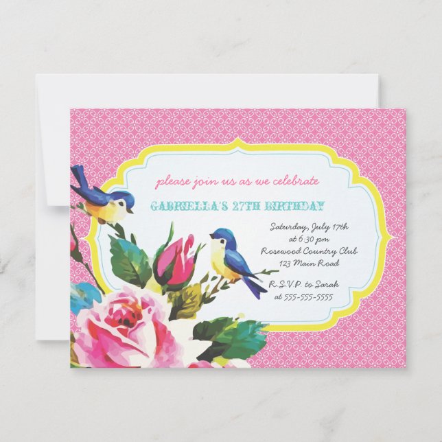 Vintage Birds and Roses Birthday Party Invitation (Front)