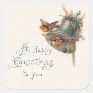 Vintage Birds, Bell and Holly with Greeting Square Sticker