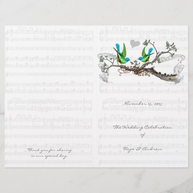 Vintage Birds Blue & Green Wedding Programme (Devant)