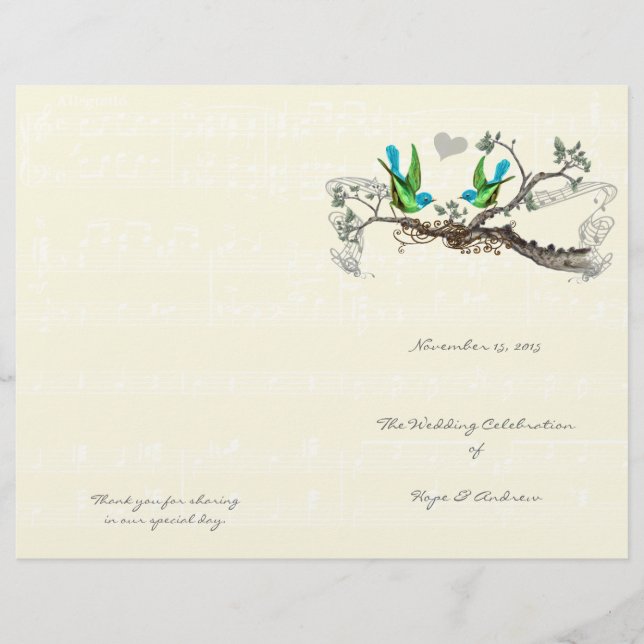 Vintage Birds Blue & Green Wedding Programme (Devant)